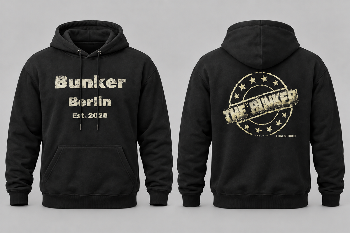 Schwarzer Bunker-Hoody mit großem Rücken-Logo, Vorder- und Rückseite